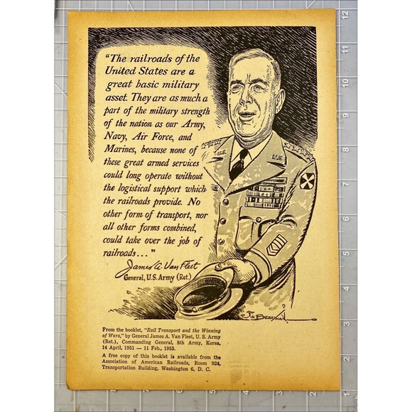Railroad Magazine Pen & Ink Drawing Army General VanFleet & Import Railroads '56 - Picture 2 of 3